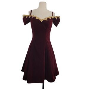 Vtg 90s Jump Apparel Burgundy Velvet Tea Dress Sz XS Off The Shoulder Lolita